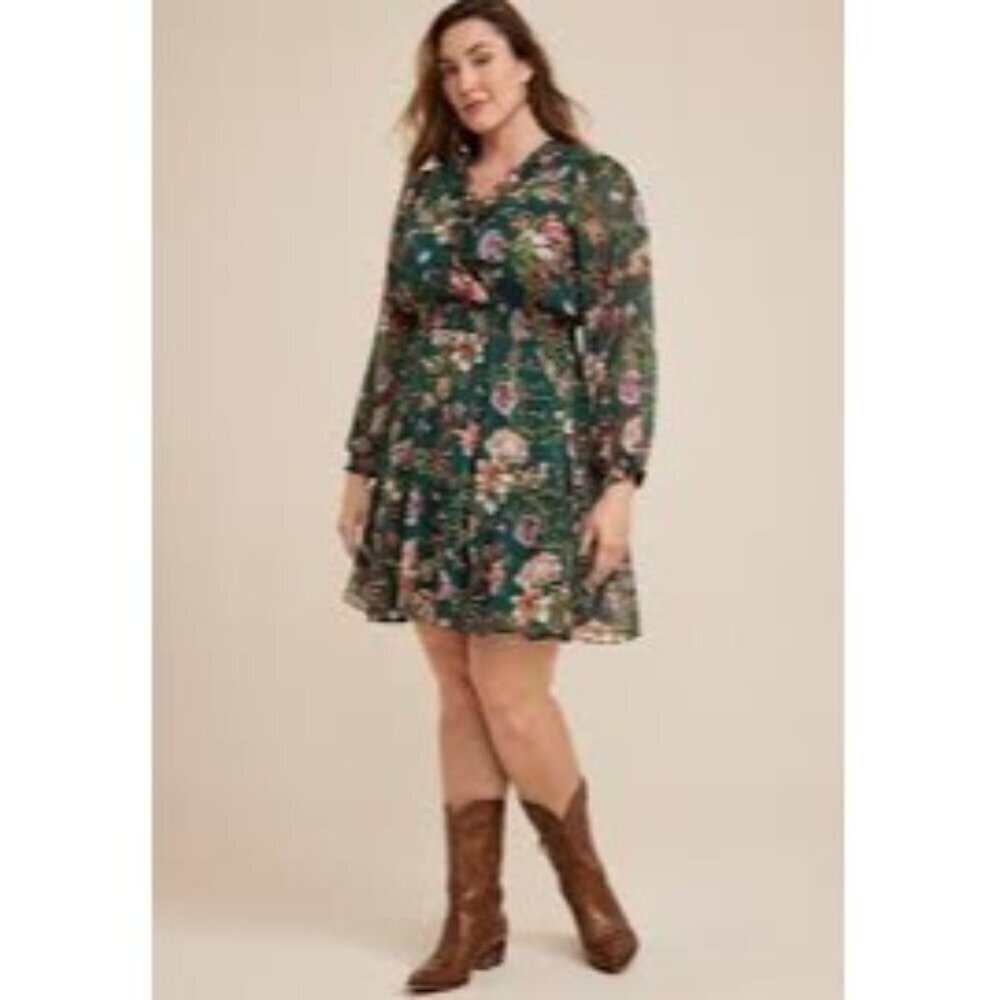 Maurices Green Floral Lurex Ruffle Boho Skater Mini Dress Women Size XL